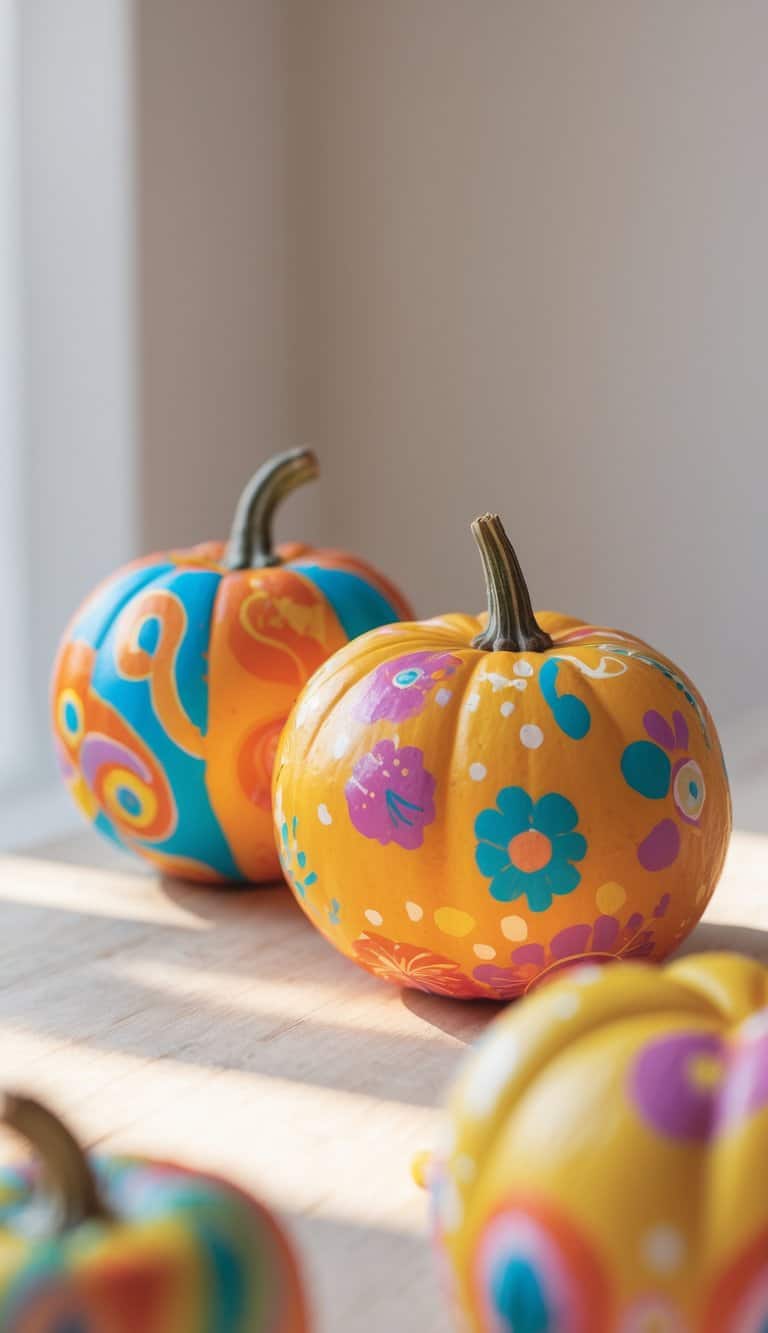 Close-up of one to two small painted pumpkins with colorful playful designs on a clean tabletop.