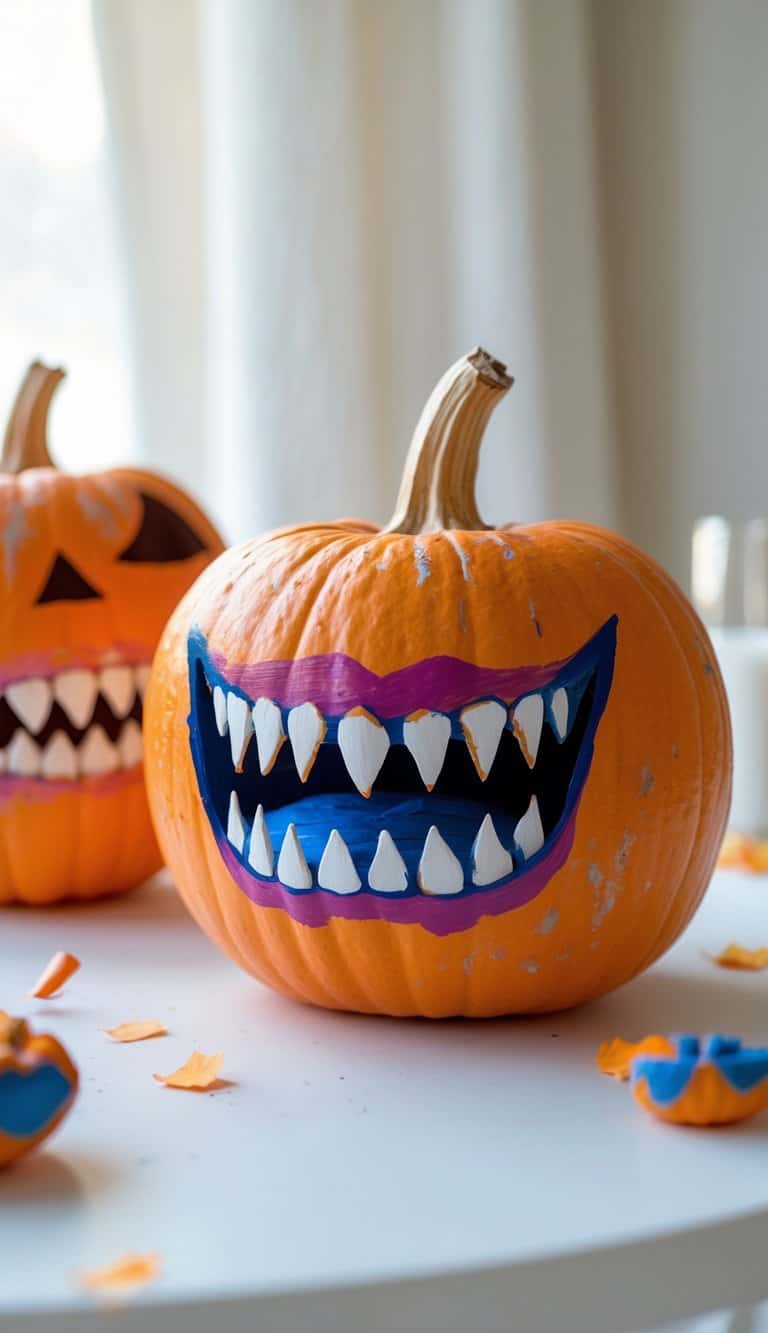 Close-up of one or two painted pumpkins with scary vampire teeth mouths on a tabletop.