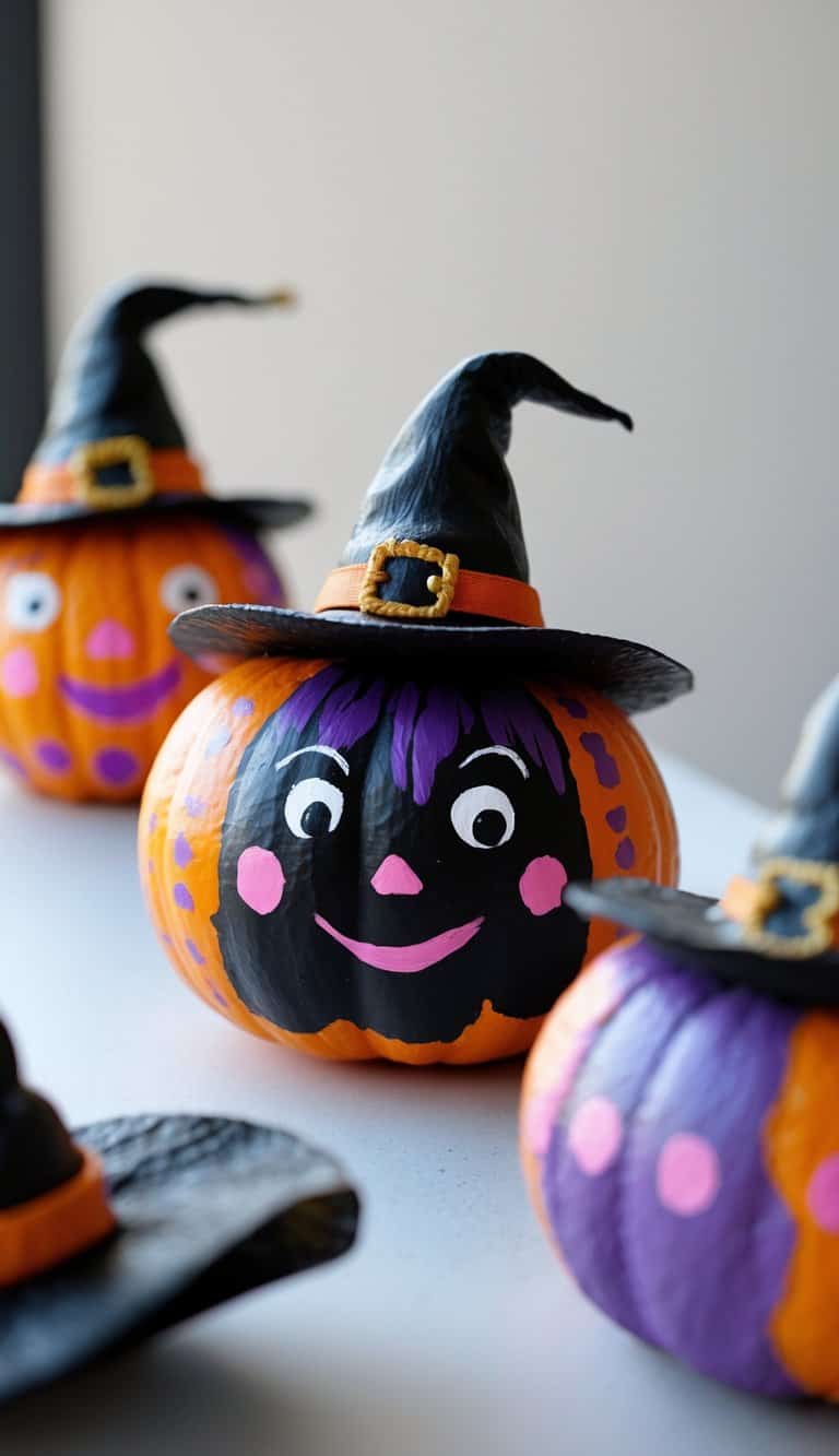 One to two mini pumpkins painted as cute black witches on a tabletop.