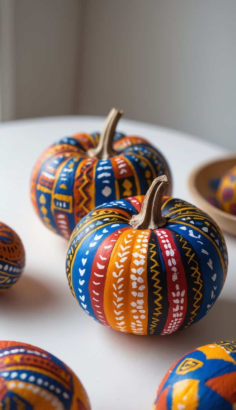 Close-up of one to two pumpkins painted with colorful geometric patterns on a clean tabletop.
