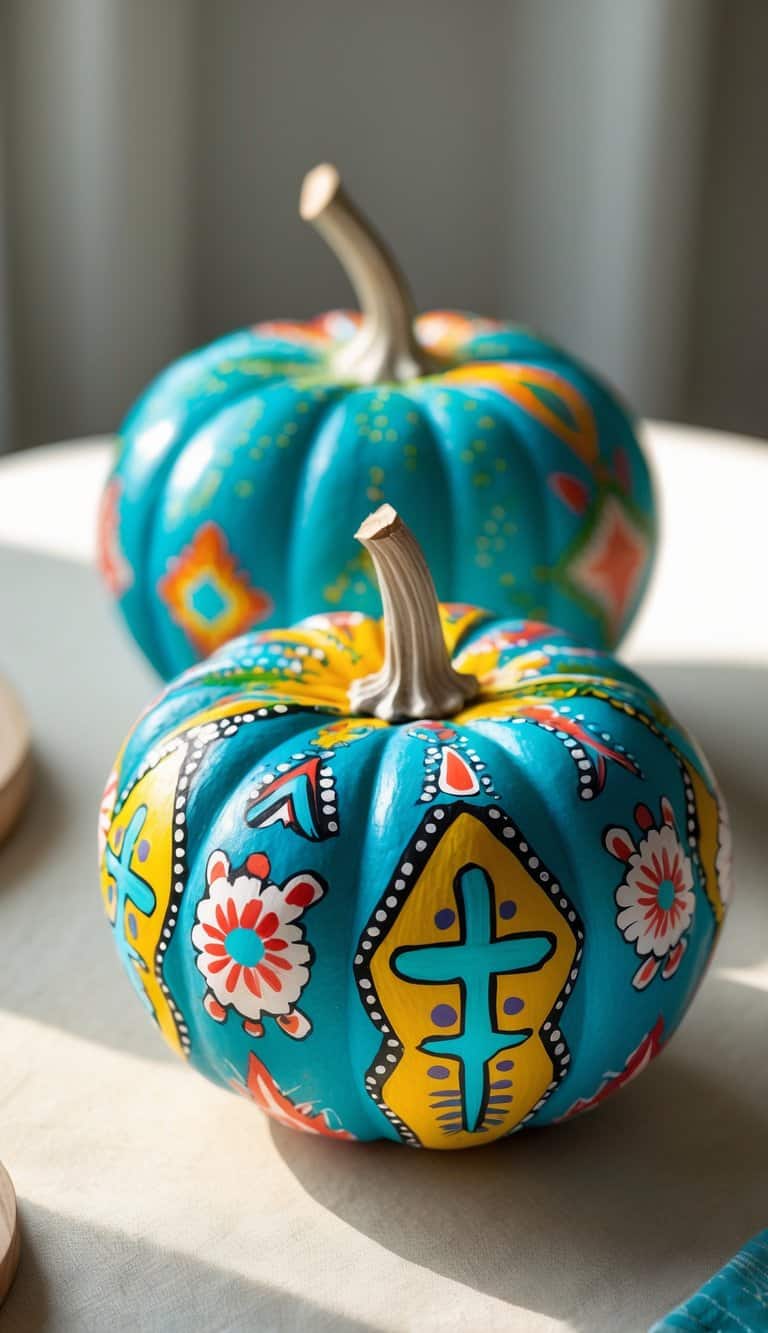 Close-up of one to two pumpkins painted with southwestern patterns and turquoise accents on a clean tabletop.
