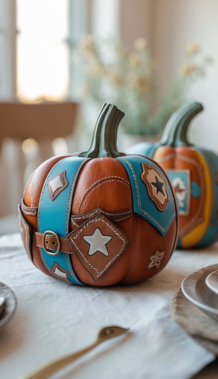 Close-up of one to two painted pumpkins on a table, decorated with cowboy-themed designs combining leather textures and colorful paint.
