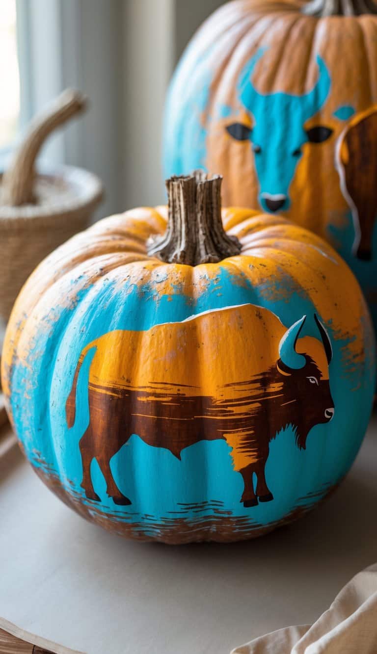 One to two painted pumpkins on a tabletop featuring a buffalo silhouette design with bright colors and detailed textures.
