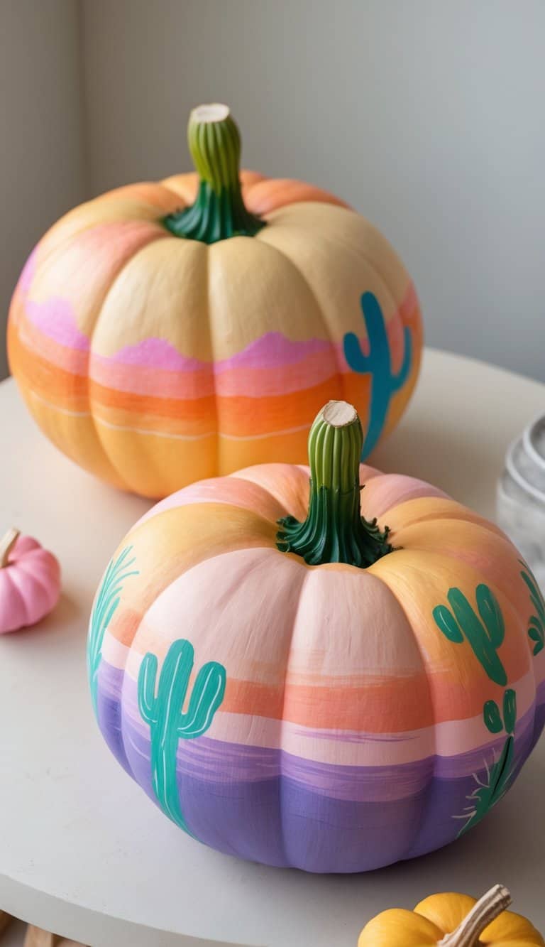 Close-up of one to two painted pumpkins with colorful desert sunset gradients and western-themed designs on a simple tabletop.
