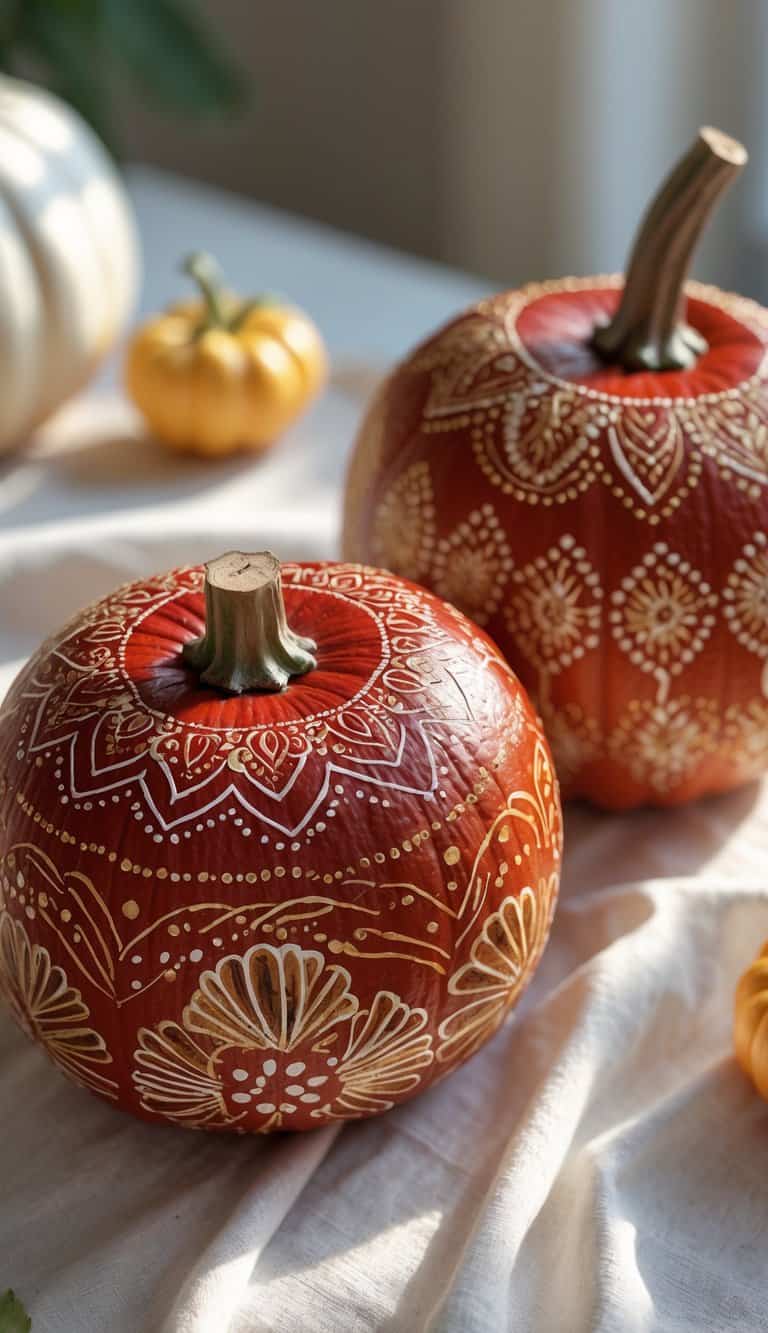 Two orange pumpkins decorated with intricate white and gold patterns are displayed on a light-colored cloth, with small yellow gourds in the background.