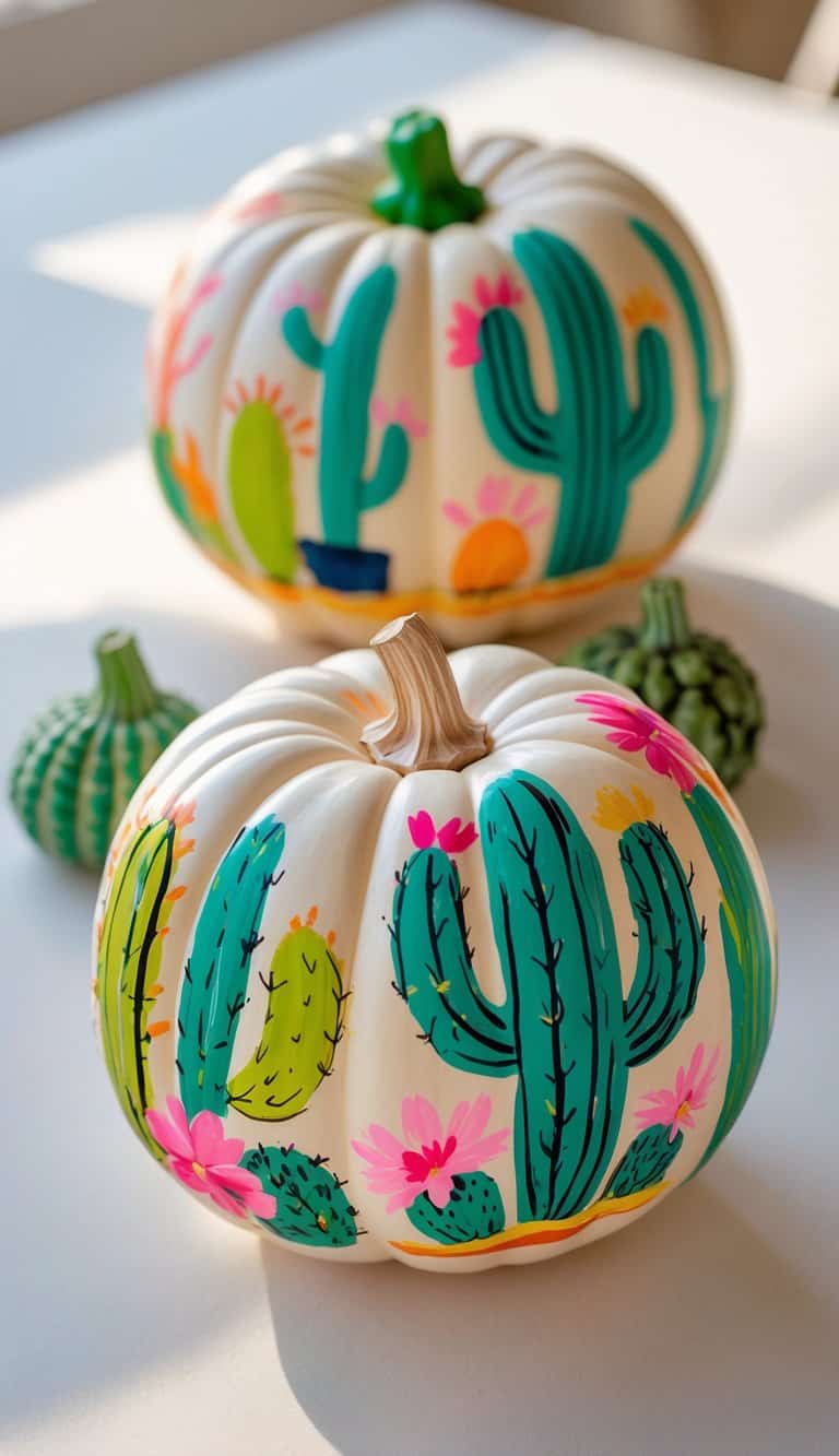 One to two pumpkins painted with colorful cactus designs placed on a clean tabletop.