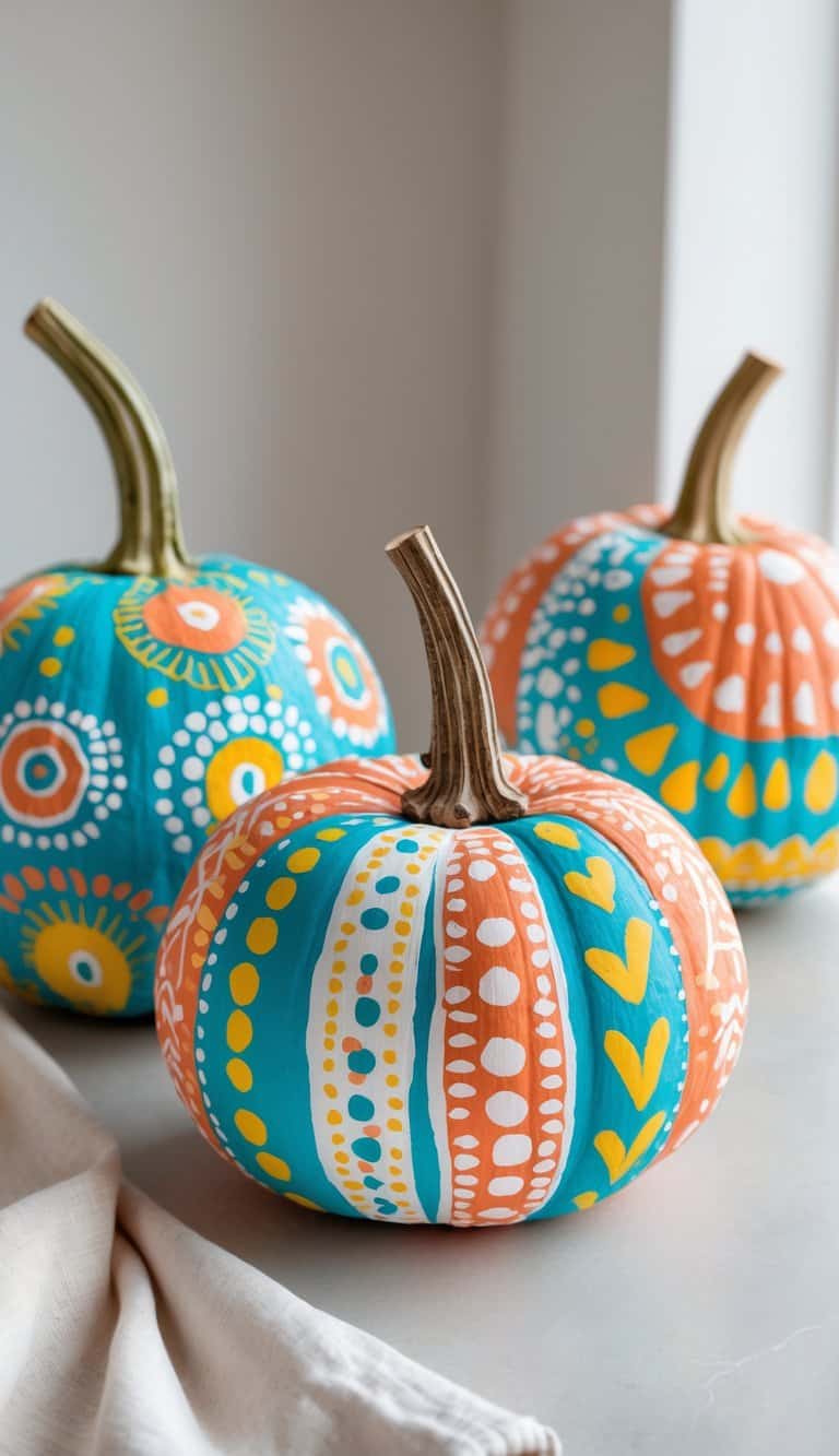One to two pumpkins on a table painted with colorful detailed patterns.