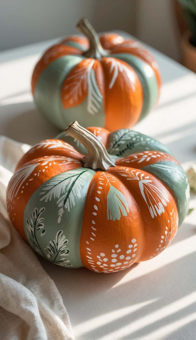 Close-up of one to two painted pumpkins in burnt orange and sage green on a tabletop with soft lighting and a simple background.