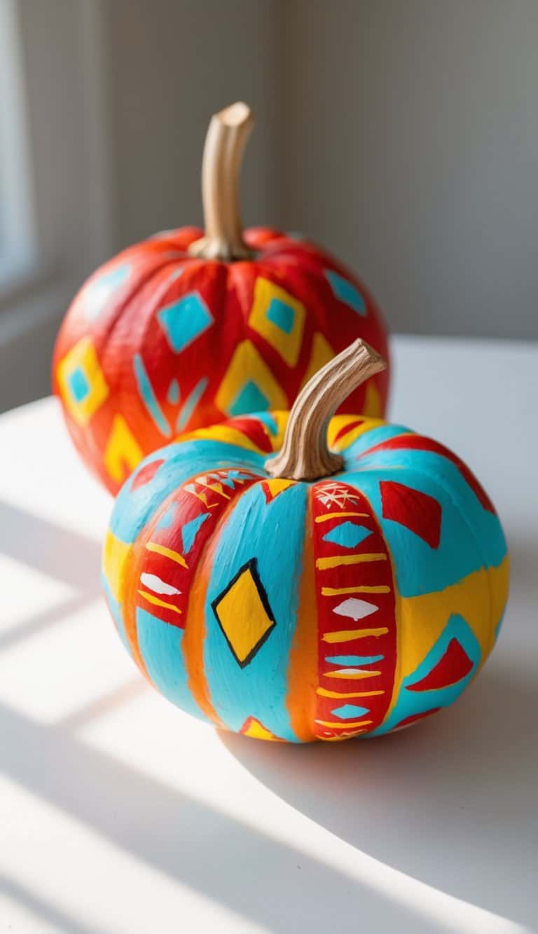 Close-up of one to two pumpkins painted with colorful southwestern geometric patterns on a clean tabletop.