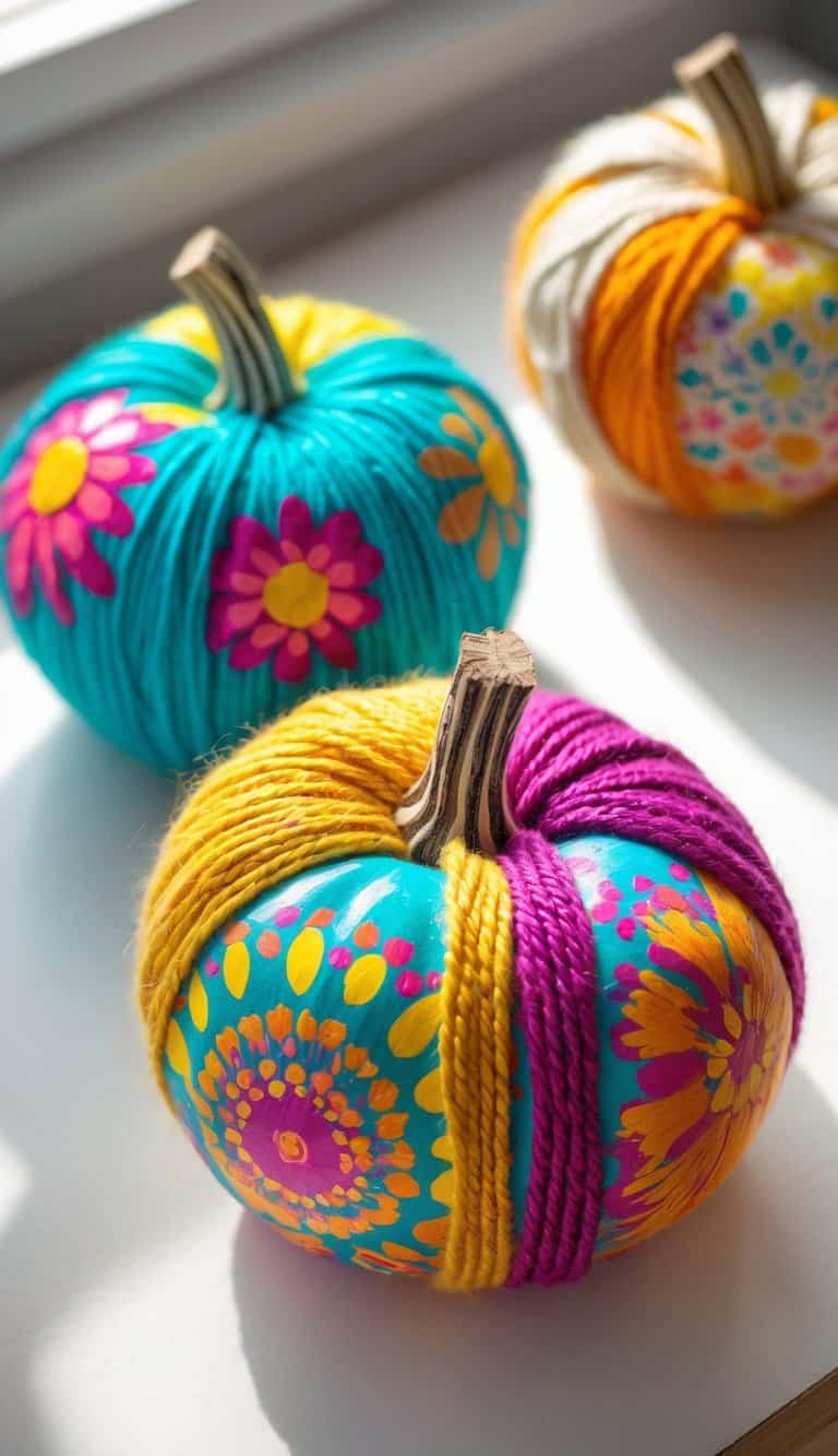 Close-up of one or two pumpkins wrapped in colorful yarn and painted with bright, playful designs on a clean tabletop.