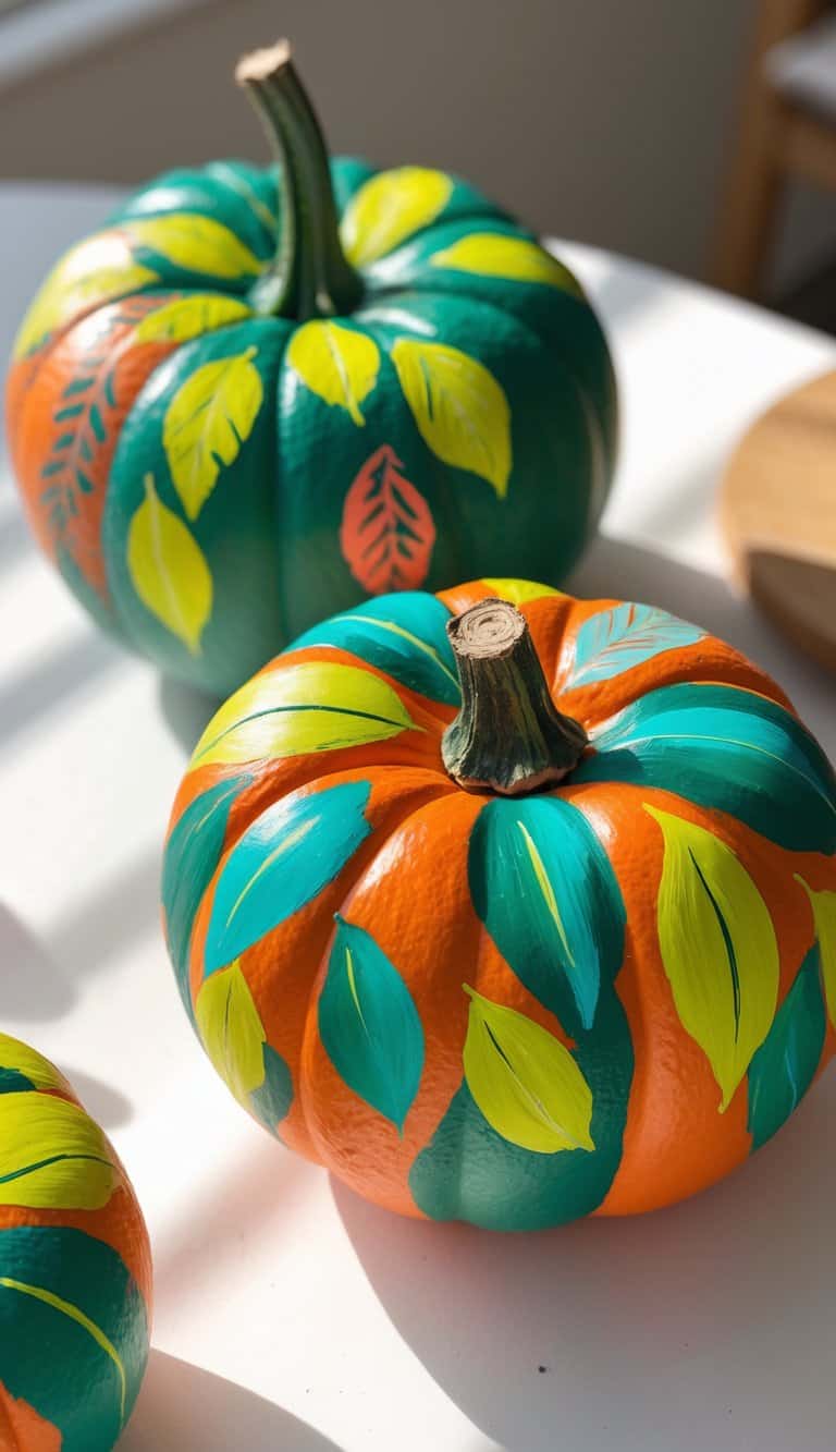One to two pumpkins painted with colorful leaf designs sitting on a clean tabletop under soft daylight.