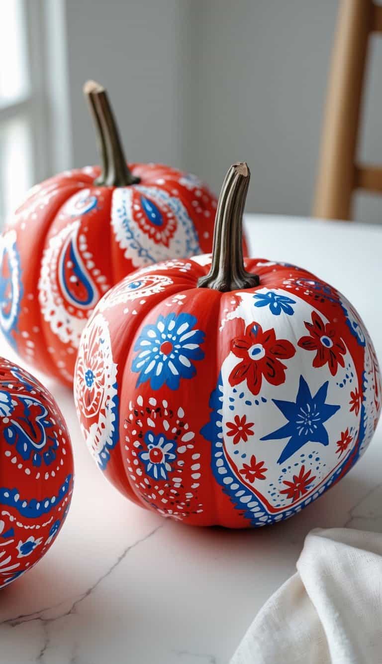Close-up of one to two pumpkins painted with colorful bandana patterns on a clean tabletop.