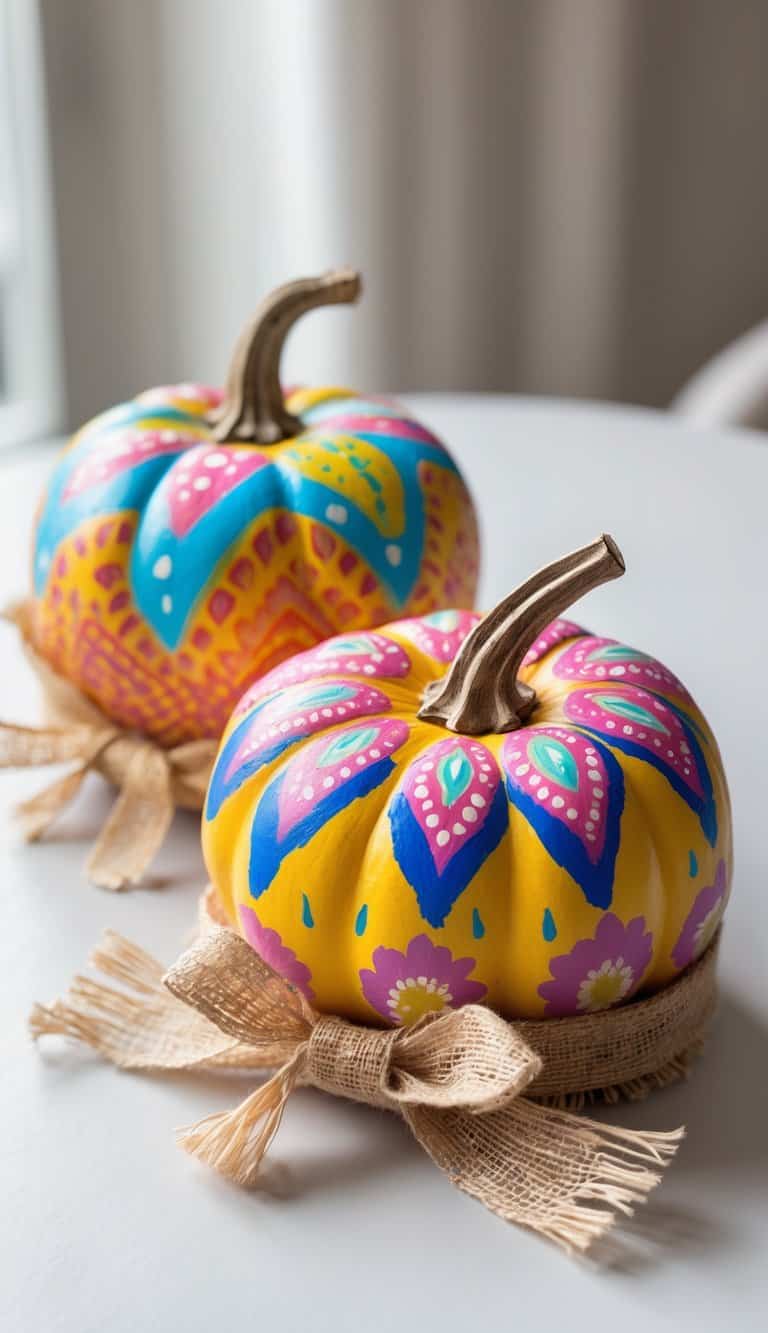 One to two small painted pumpkins with fringed burlap ribbons around their bases on a tabletop.