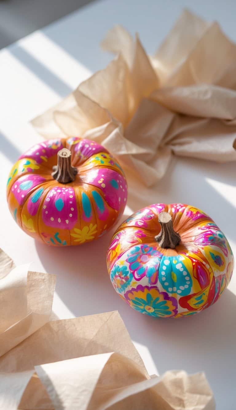 One or two small painted pumpkins with colorful patterns sitting on a tabletop with tissue paper underneath.