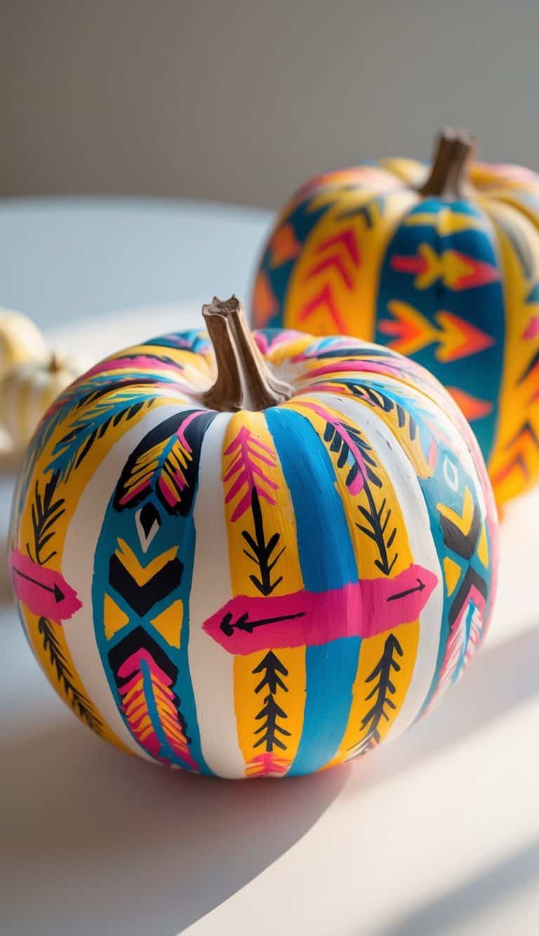 One to two pumpkins painted with colorful Native American arrow designs on a clean tabletop under soft daylight.