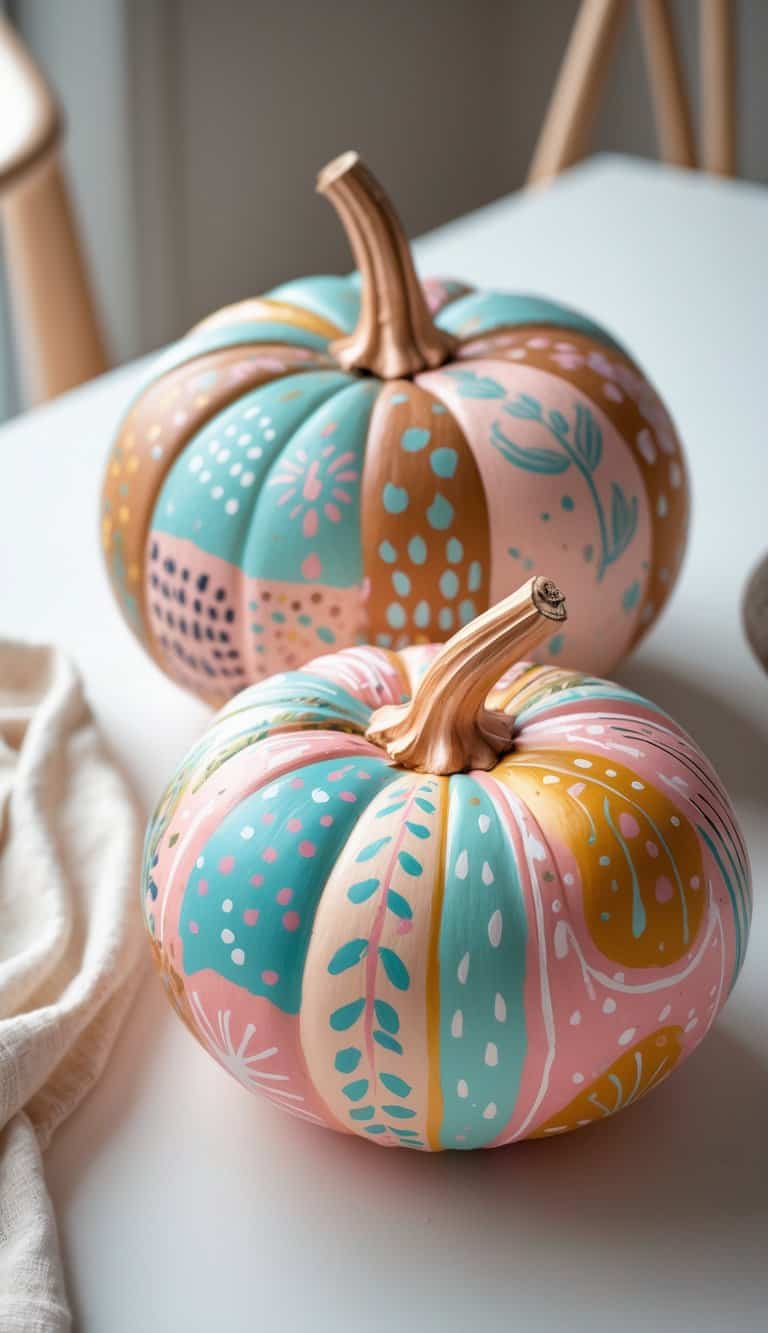 One to two painted pumpkins with colorful designs on a simple tabletop under soft daylight.