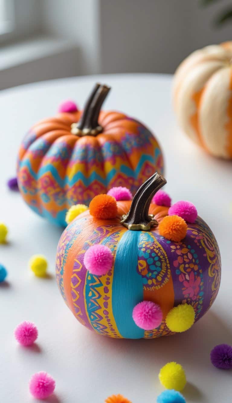Close-up of one to two small painted pumpkins decorated with colorful patterns and mini pom-poms on a tabletop.
