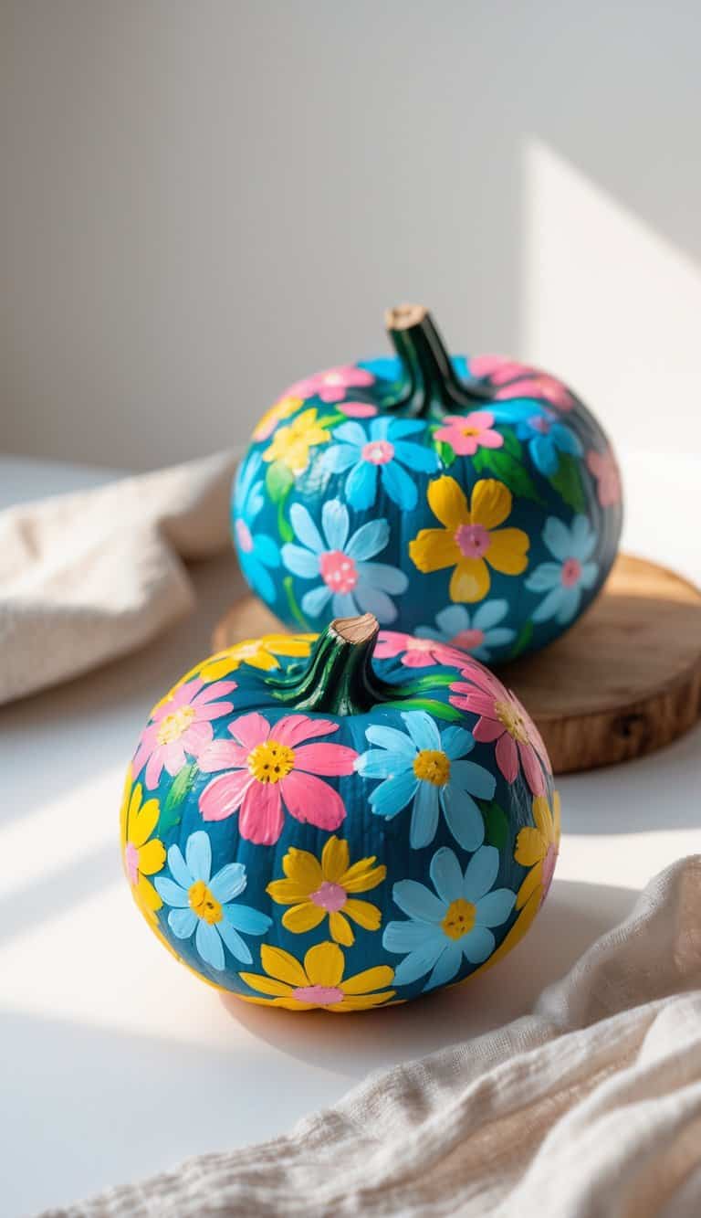 One to two small pumpkins painted with colorful floral designs placed on a tabletop with soft natural light.