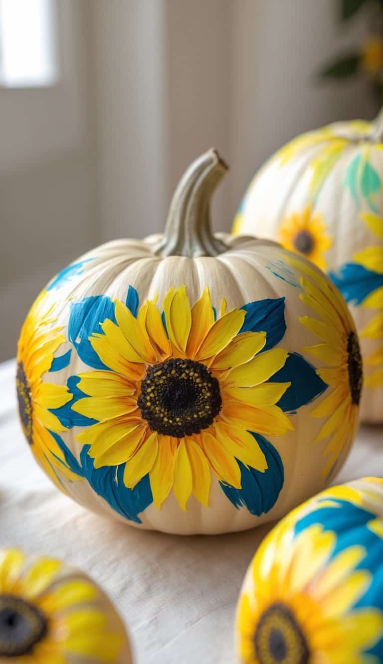 Close-up of one or two pumpkins painted with bright yellow sunflower designs on a simple tabletop.
