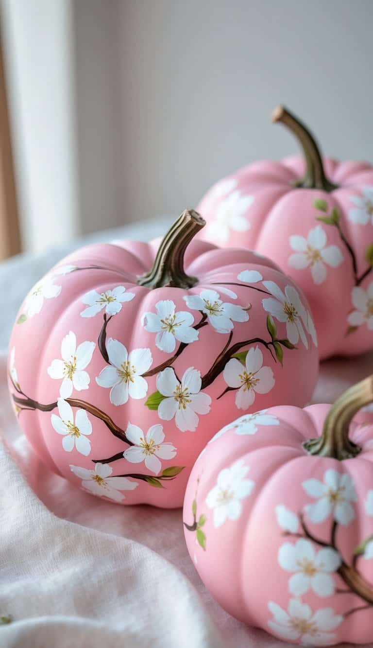 Close-up of one to two soft pink pumpkins painted with white cherry blossom designs on a clean tabletop.