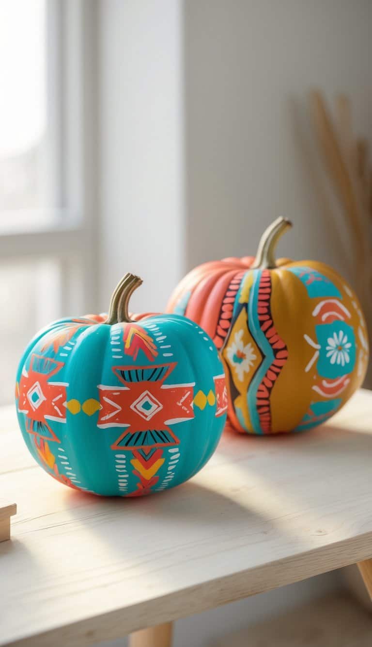 Close-up of one to two pumpkins painted with colorful Southwestern-style patterns placed on a tabletop with soft natural light.