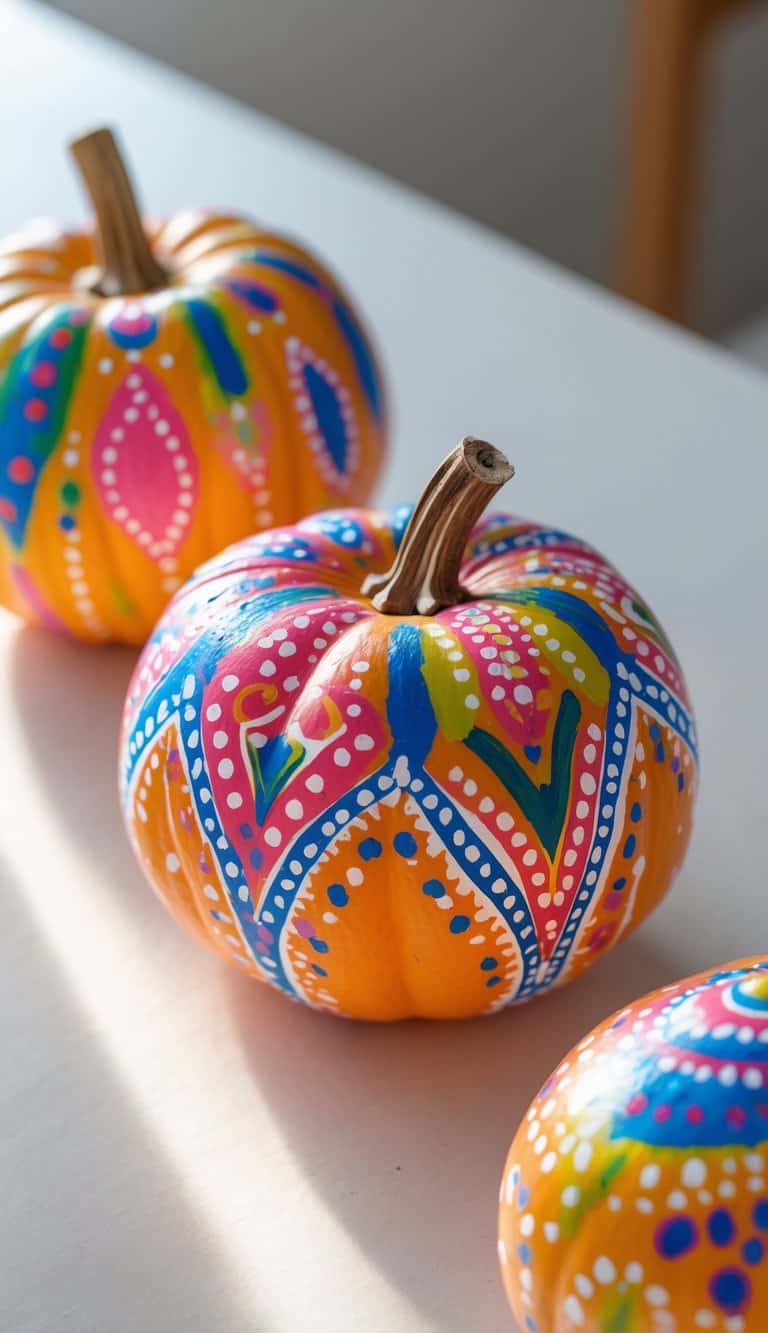 Close-up of one or two small pumpkins painted with colorful boho dot and dash patterns on a clean tabletop.