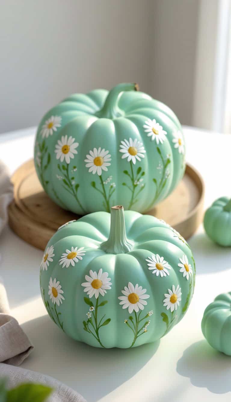 One to two mint green pumpkins painted with white daisy flowers on a clean tabletop.