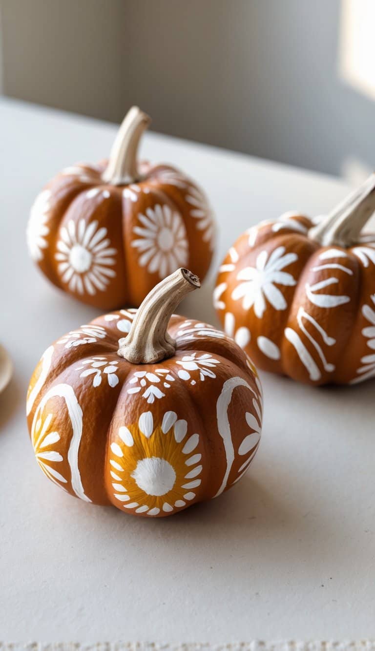 Close-up of one to two small painted pumpkins with burnt sienna and white designs on a clean tabletop.