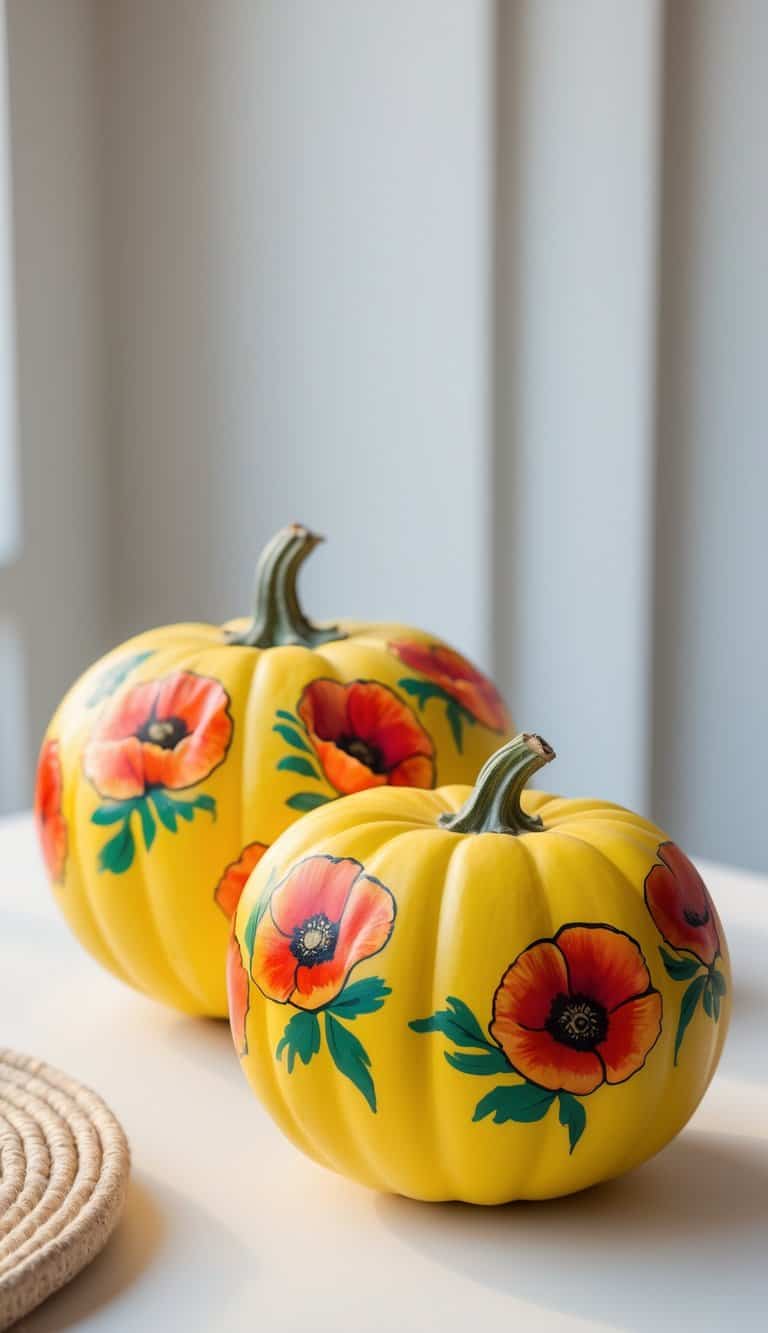 Close-up of one to two bright yellow pumpkins painted with red and orange poppy flowers on a clean tabletop.