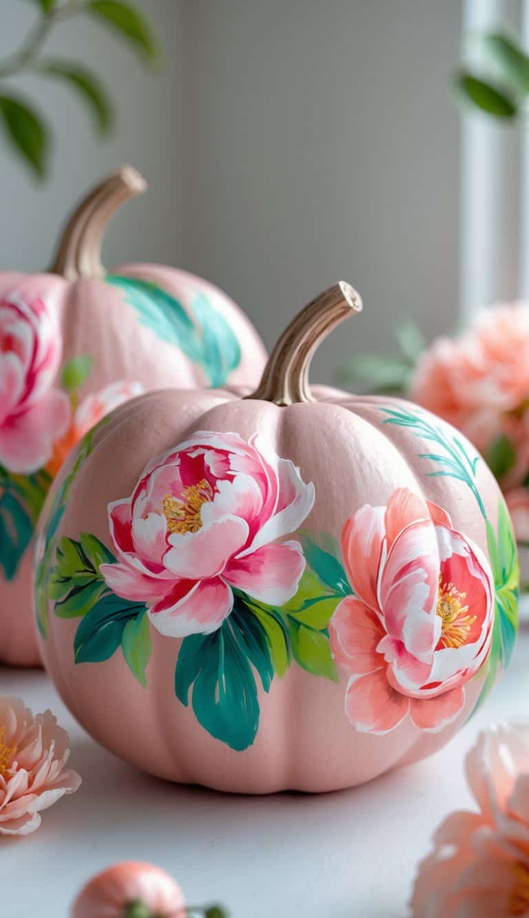 One to two dusty rose pumpkins painted with colorful peonies and leaves on a clean tabletop.