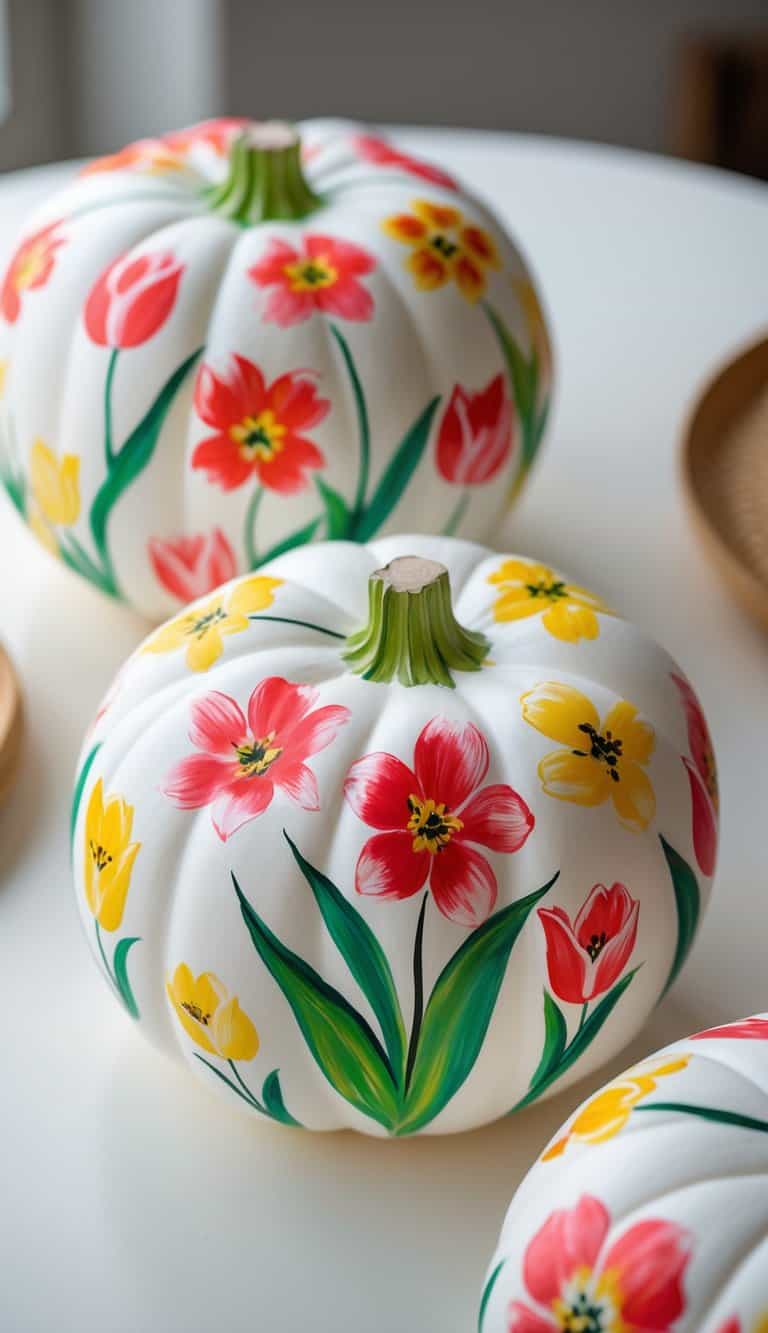 One to two white pumpkins on a table painted with colorful tulip flowers.