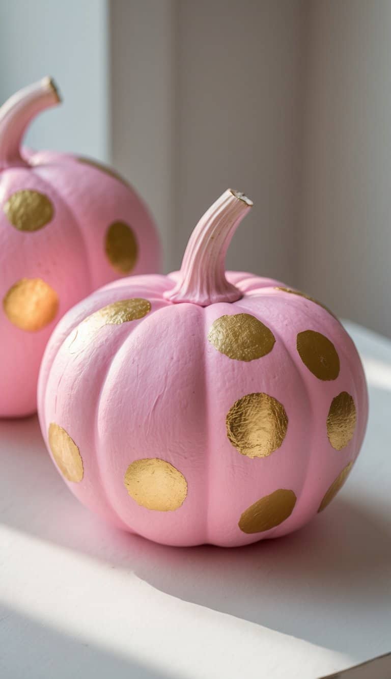 Close-up of one to two pink pumpkins with gold polka dots on a simple tabletop.