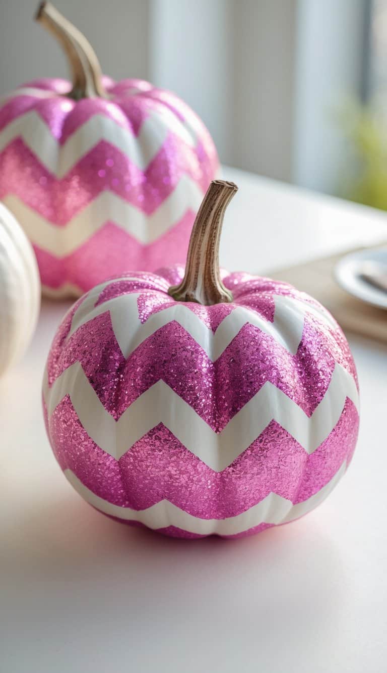 One or two pink pumpkins with glitter chevron stripes on a clean tabletop under soft daylight.