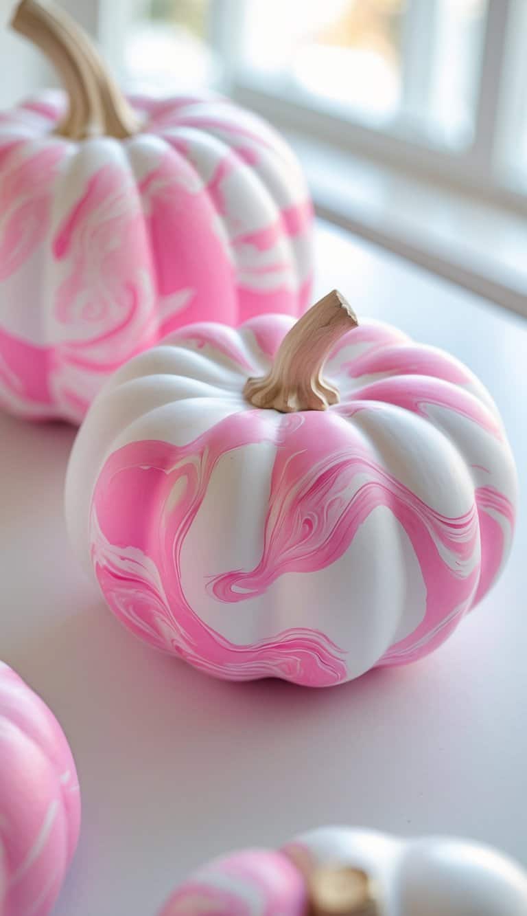 Close-up of one to two pink and white marbled painted pumpkins on a tabletop.