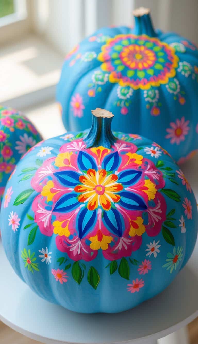 Close-up of one to two sky blue pumpkins painted with colorful floral mandala designs on a tabletop.
