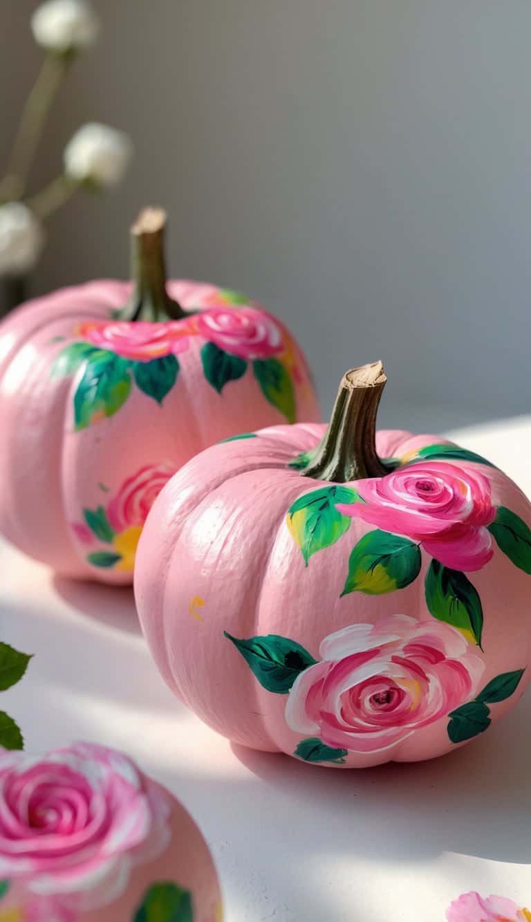 One to two pink pumpkins painted with detailed roses placed on a clean tabletop.