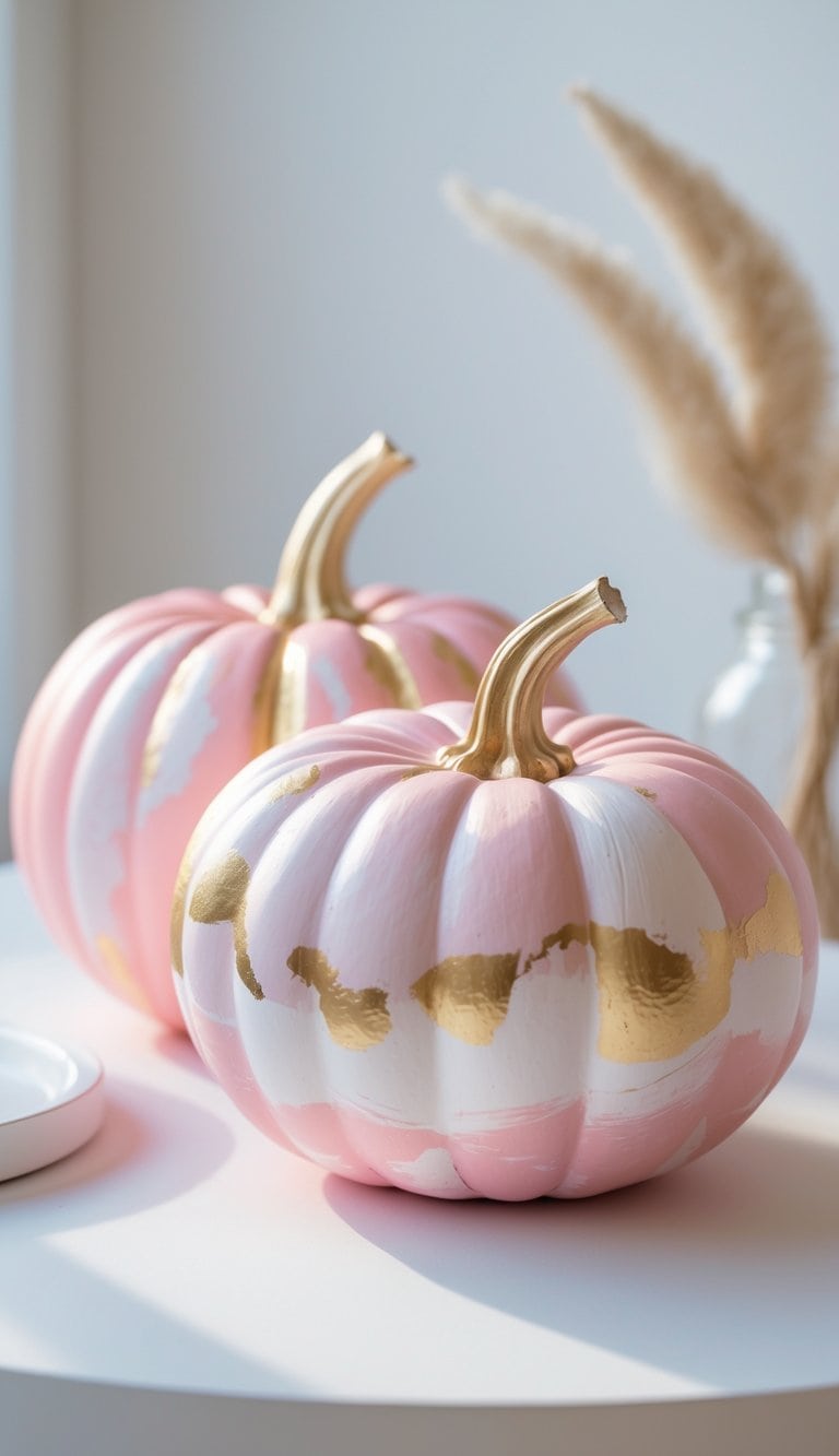 Close-up of one or two pink painted pumpkins on a tabletop with soft lighting and a clean background.