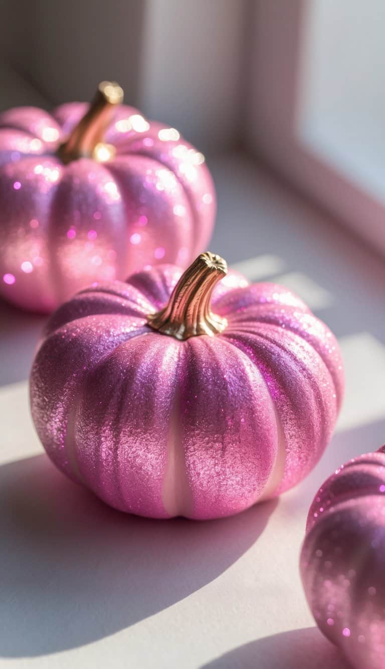 Close-up of one to two small pink pumpkins painted with glittery pink stripes on a tabletop.