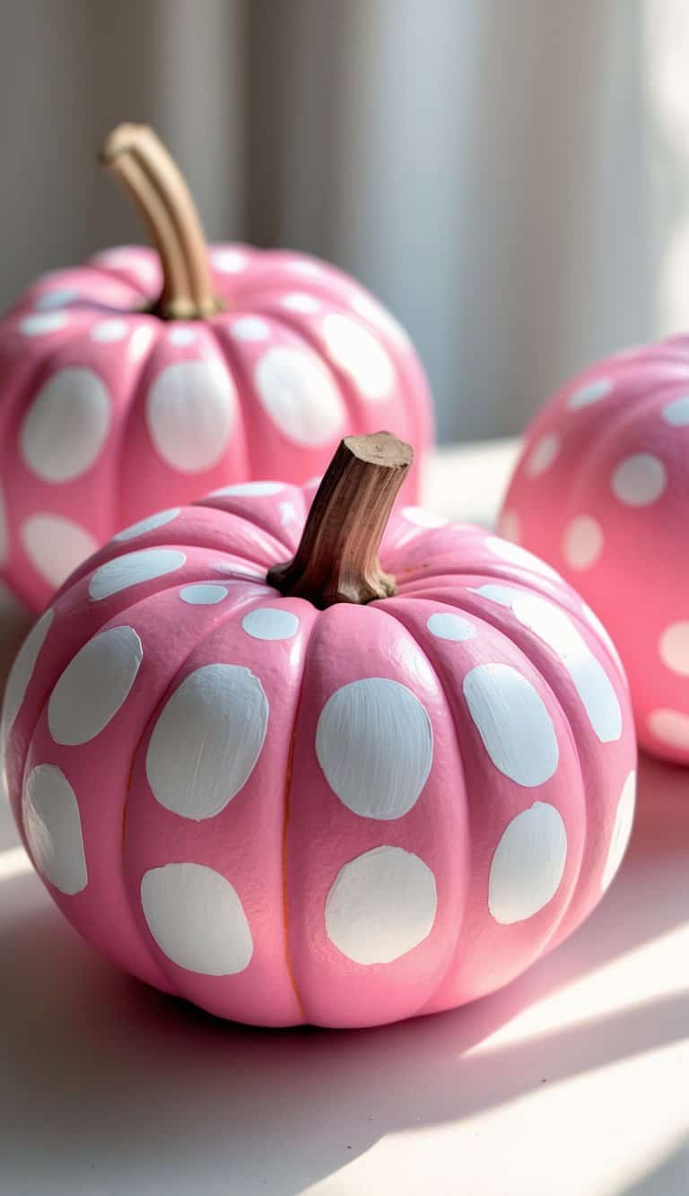 Close-up of one to two pink pumpkins with white polka dots on a tabletop.