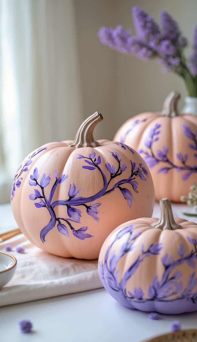Close-up of one to two blush peach pumpkins painted with lavender floral branches on a tabletop.