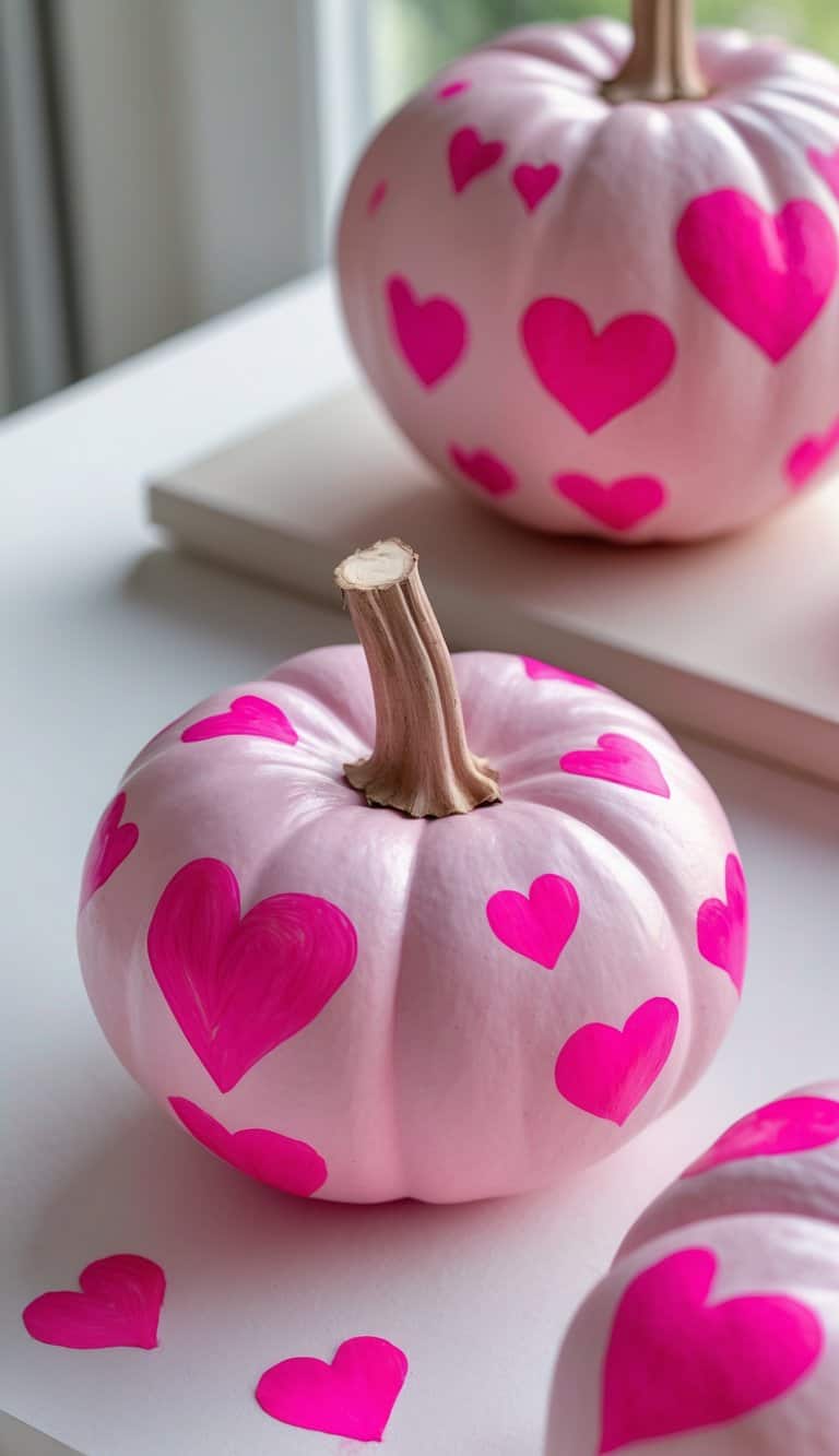 One or two pink pumpkins painted with bright pink hearts on a clean tabletop.