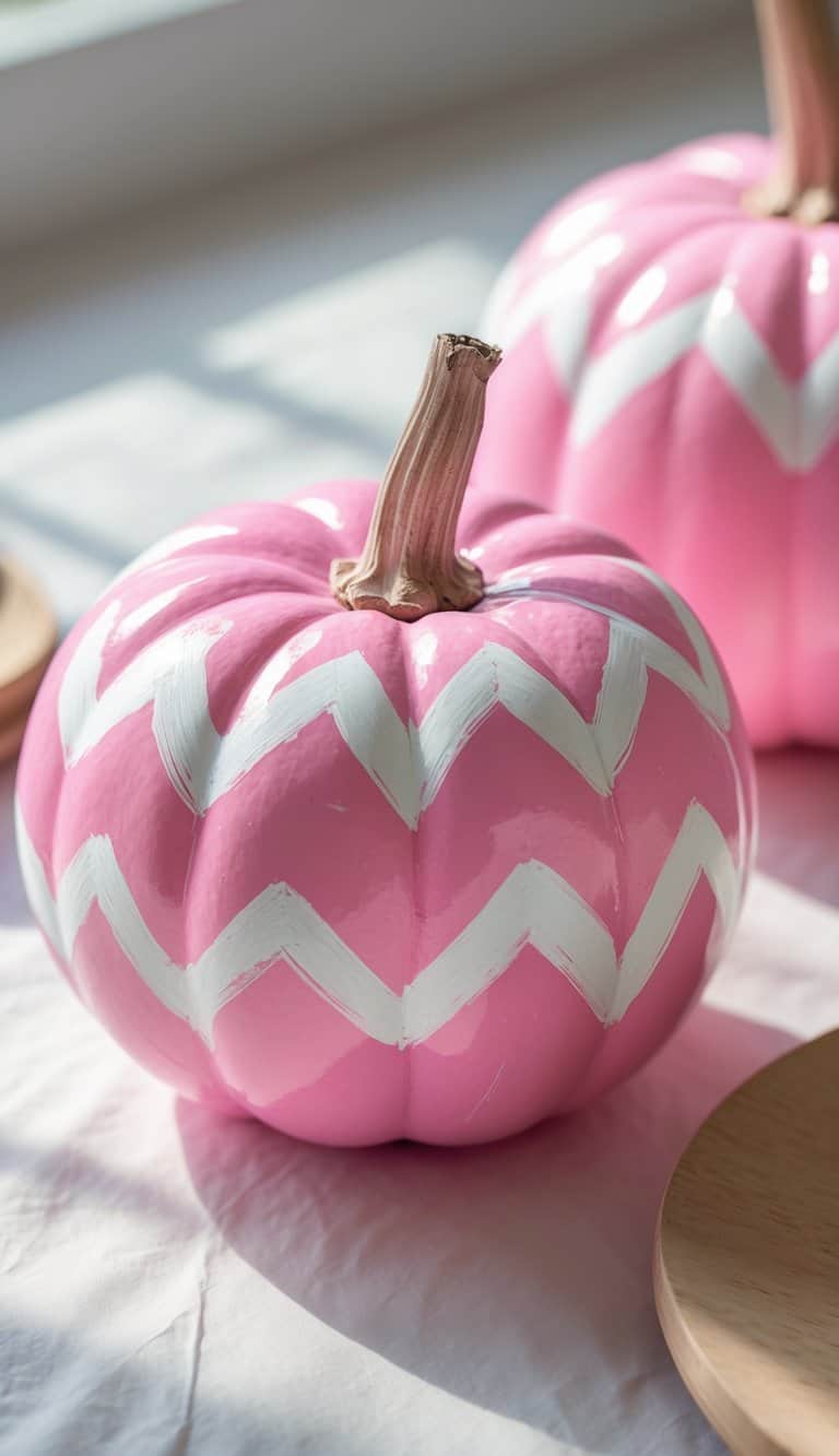 Close-up of one to two pink pumpkins painted with white chevron patterns on a clean tabletop.
