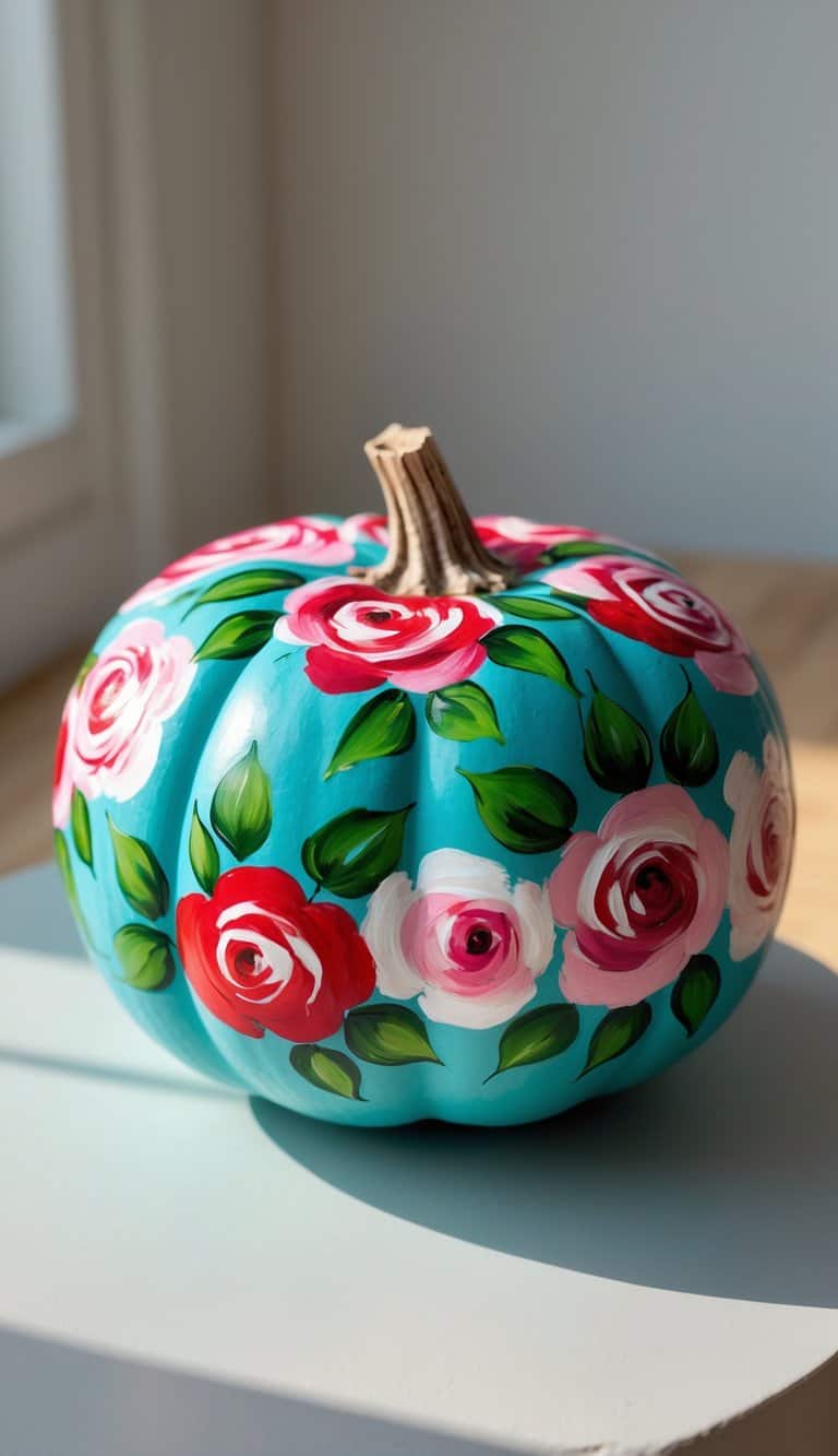 A turquoise pumpkin painted with colorful wild roses sits on a plain tabletop under soft natural light.