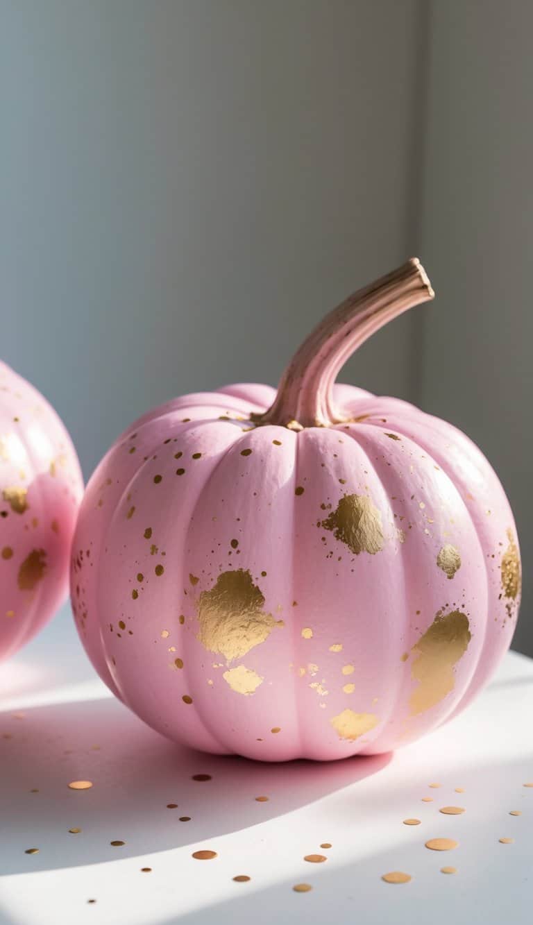 One to two pink pumpkins with gold flecks on a tabletop in soft daylight.