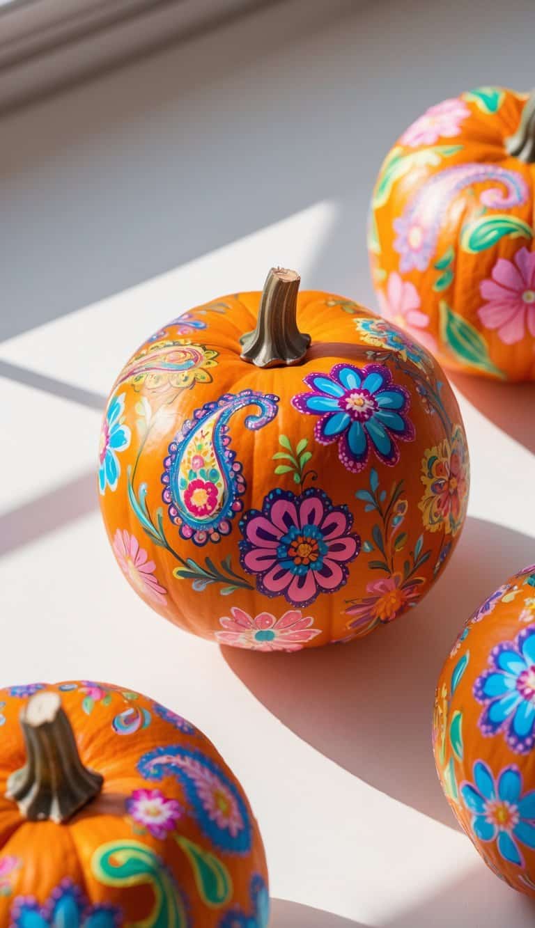 One or two orange pumpkins on a table painted with colorful floral paisley patterns.