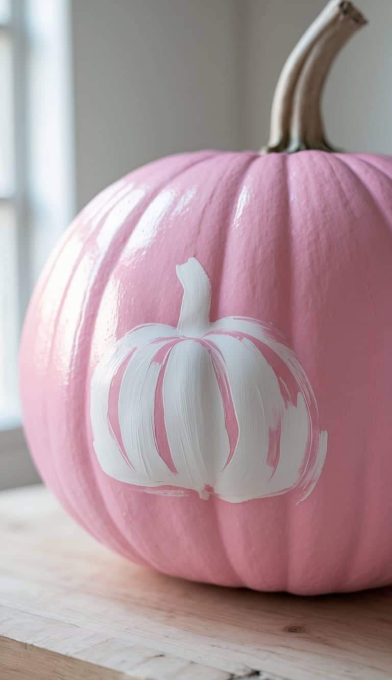 Close-up of a large pink pumpkin painted with a white pumpkin silhouette on a clean tabletop.