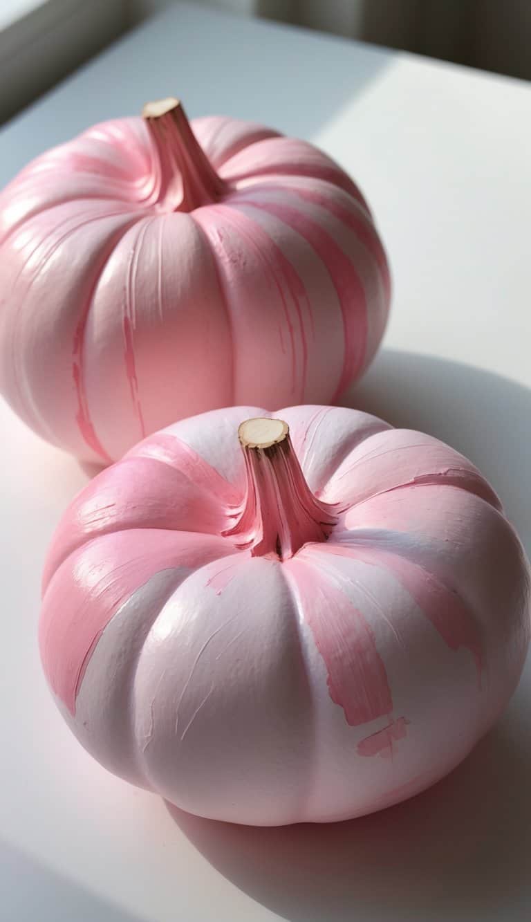 Close-up of one to two pink pumpkins with a blush ombré paint effect on a tabletop.