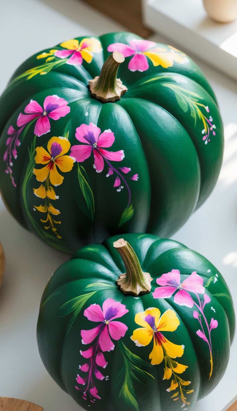 One or two deep green pumpkins painted with colorful snapdragon flowers on a plain tabletop.
