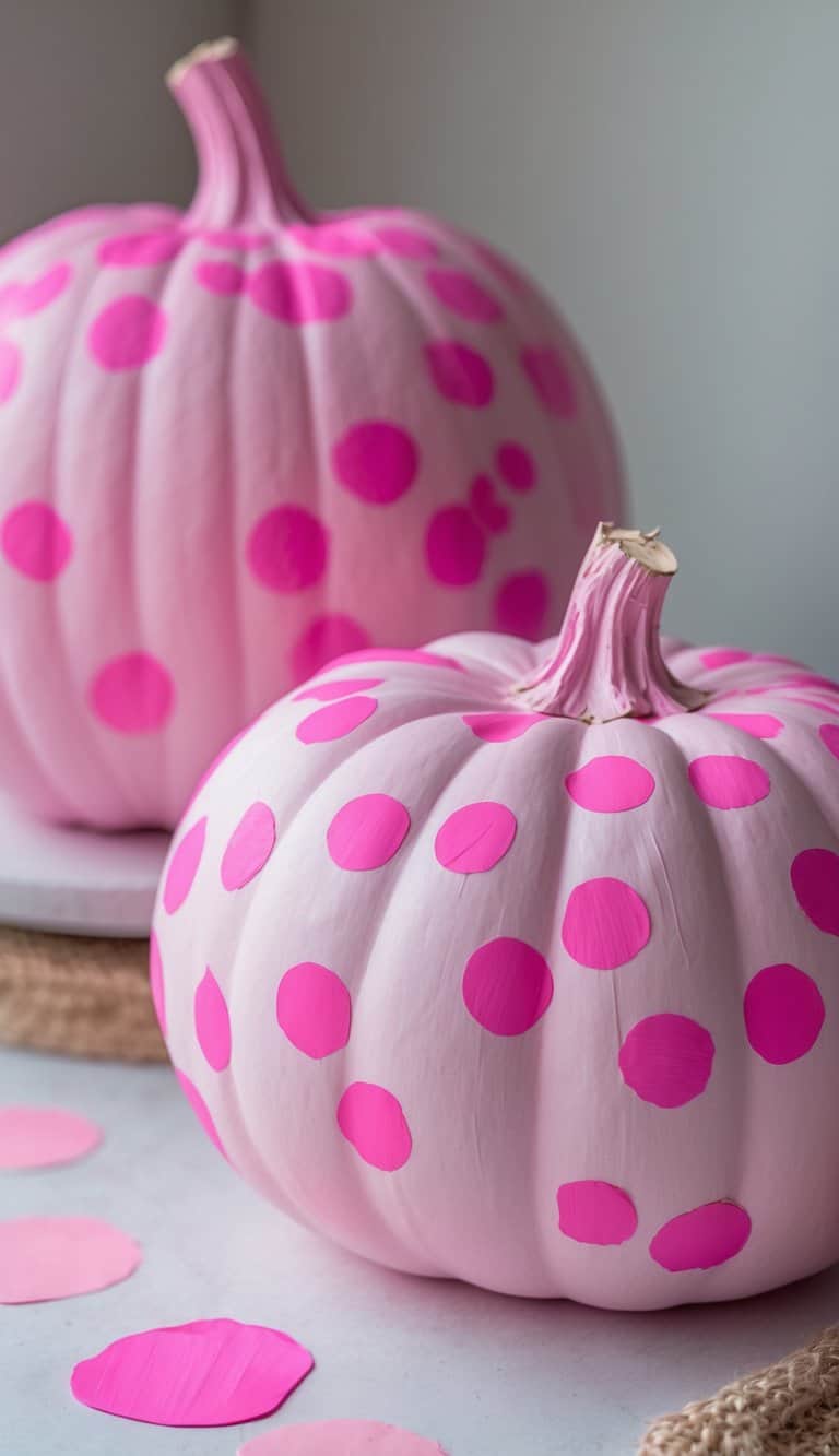 One to two pink pumpkins decorated with bright pink confetti dots on a tabletop.