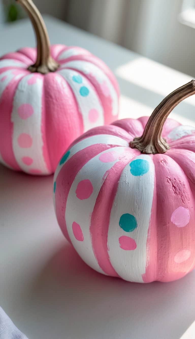 Close-up of one or two pink pumpkins painted with stripes and polka dots on a light tabletop.